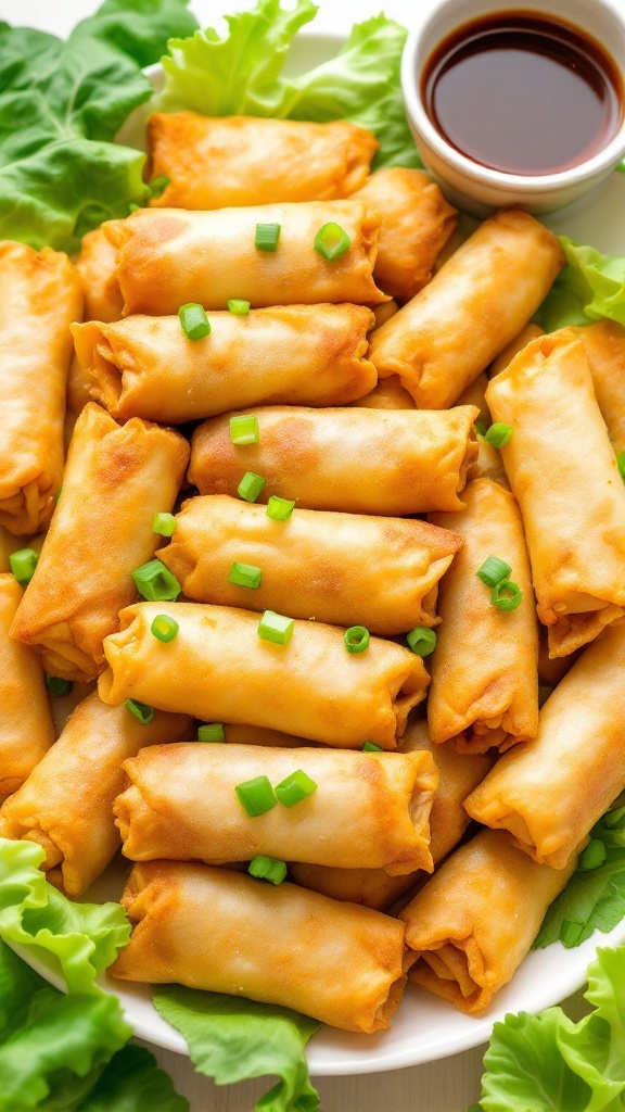 Golden chicken and cabbage spring rolls on a platter with a bowl of soy sauce.